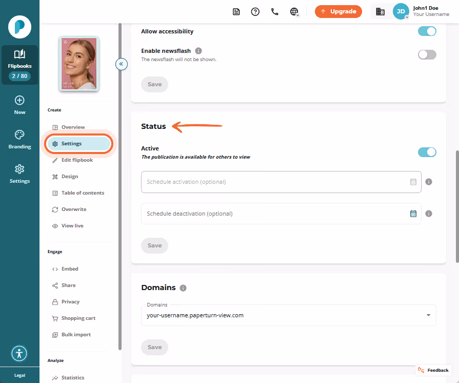 Status section in Settings. The Active toggle is enabled, two optional date pickers for schedule act