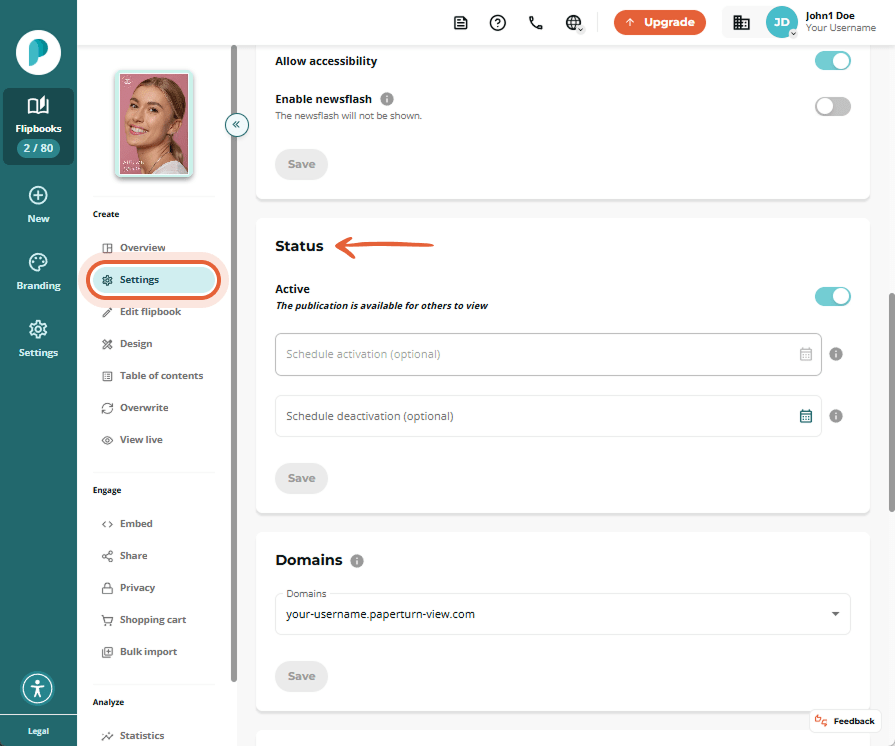 Status section in Settings. The Active toggle is enabled, two optional date pickers for schedule act