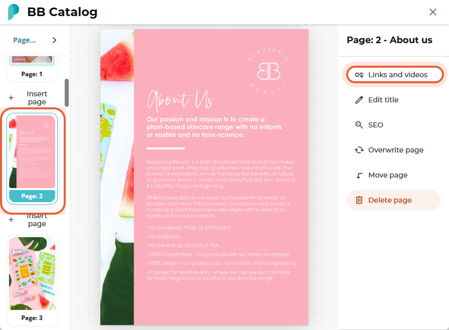 BB Catalog page editor showing Page 2 selected and the sidebar option “Links and videos” highlighted