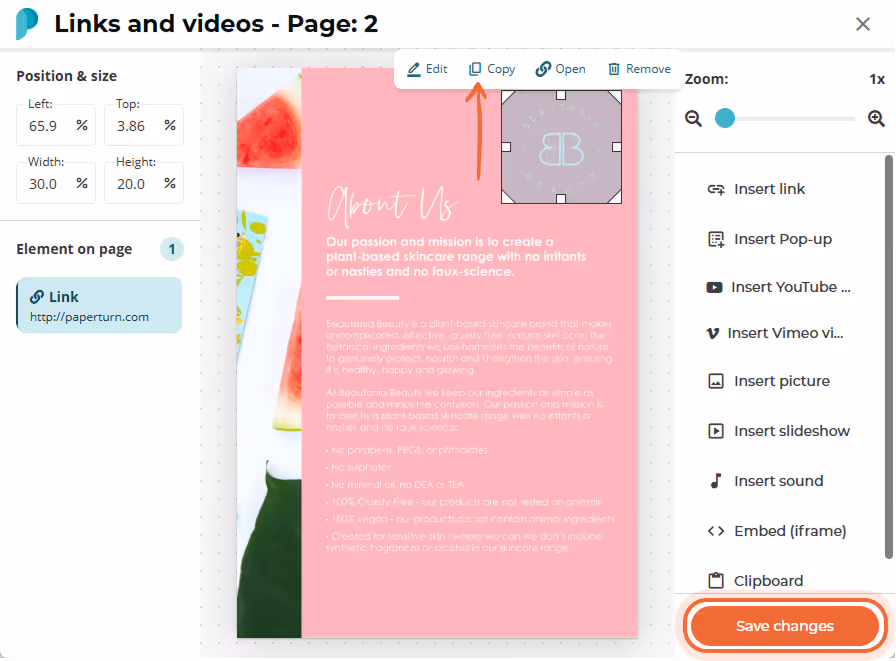 Links and videos modal with a logo link selected under a copy toolbar; the “Save changes” button is 