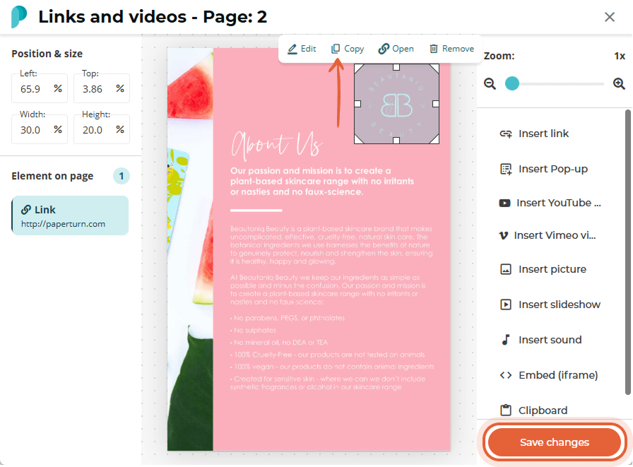 Links and videos modal with a logo link selected under a copy toolbar; the “Save changes” button is 