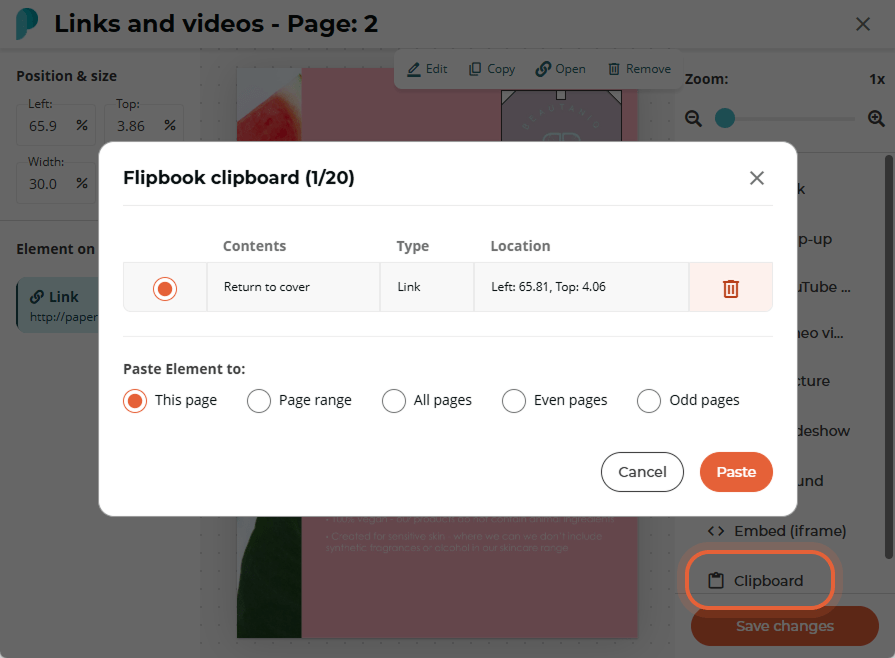 Flipbook clipboard dialog displaying one copied link element and radio options for where to paste it