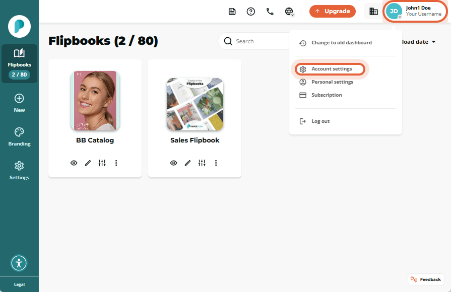 Account dropdown open with “Account settings” option highlighted on the Flipbooks dashboard.