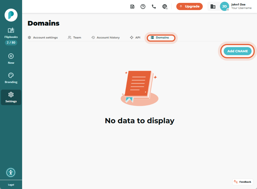 Domains page showing the “Domains” tab and “Add CNAME” button highlighted.