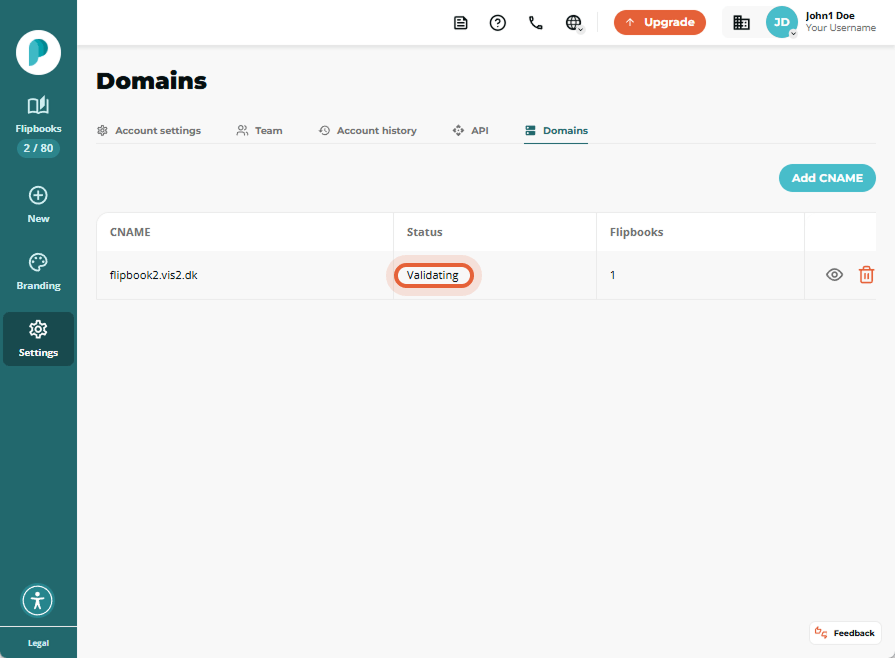 Domains list showing one CNAME entry with status badge “Validating” highlighted.