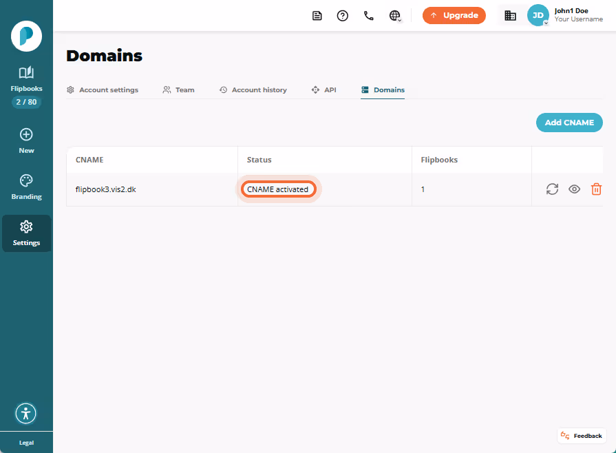 Domains list showing a CNAME entry with status badge “CNAME activated” highlighted. Domains list showing a CNAME entry with status badge “CNAME activated” highlighted.