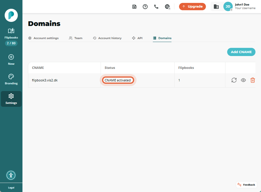 Domains list showing a CNAME entry with status badge “CNAME activated” highlighted.