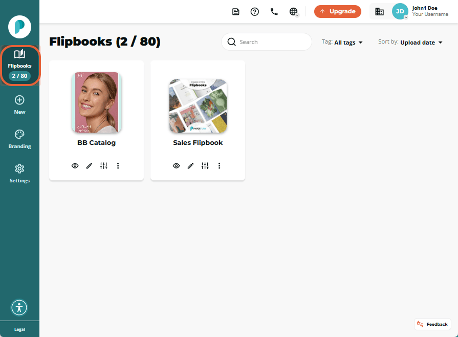 Sidebar’s Flipbooks section highlighted on the main dashboard.