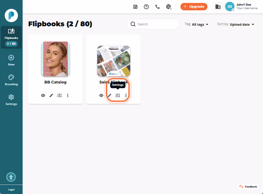 Flipbooks dashboard with the slider-style Settings icon highlighted for “Sales Flipbook”. Flipbooks dashboard with the slider-style Settings icon highlighted for “Sales Flipbook”.