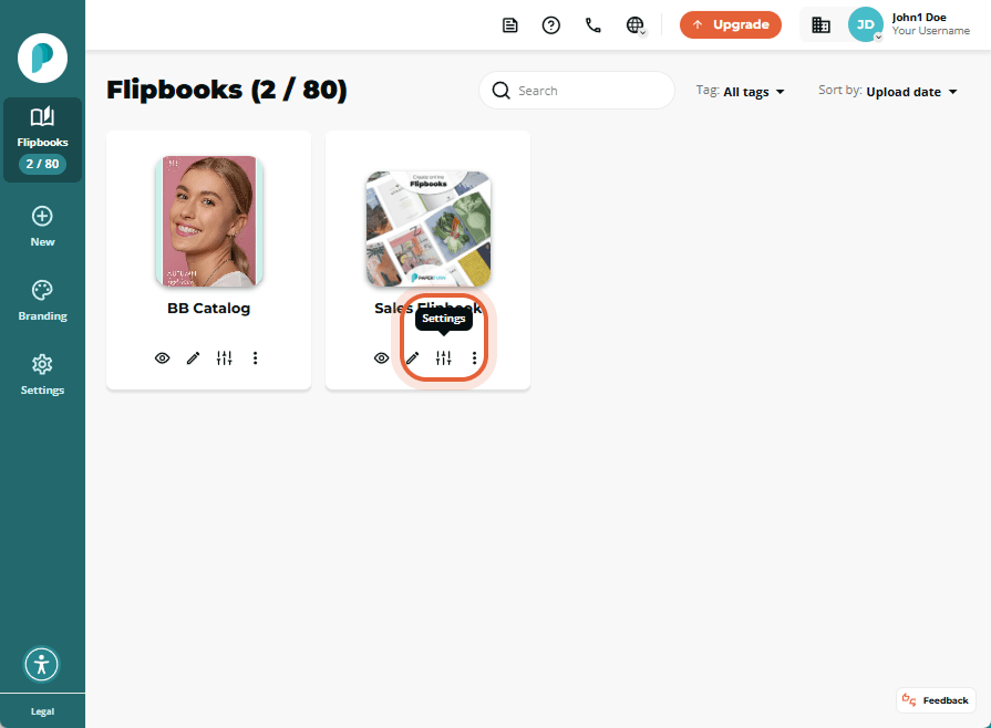 Flipbooks dashboard with the slider-style Settings icon highlighted for “Sales Flipbook”.