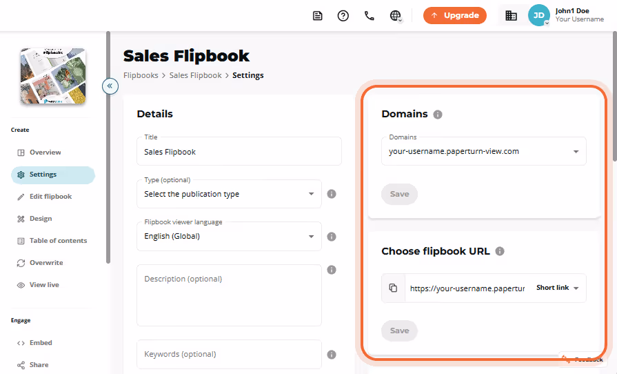 Sales Flipbook settings page with empty Domains dropdown and URL options panel highlighted. Sales Flipbook settings page with empty Domains dropdown and URL options panel highlighted.