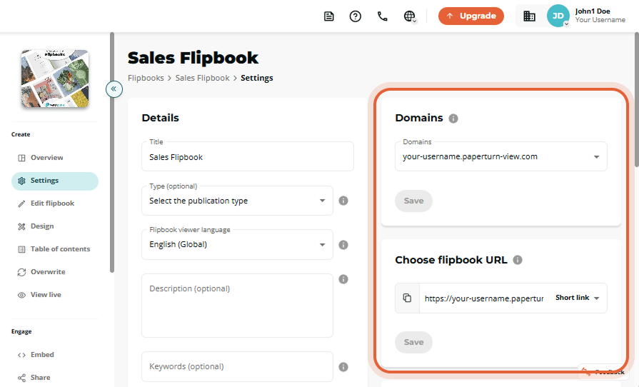 Sales Flipbook settings page with empty Domains dropdown and URL options panel highlighted.