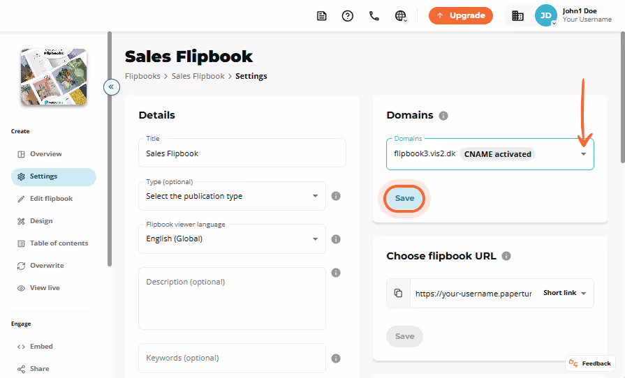Sales Flipbook settings page with activated CNAME selected in Domains dropdown and “Save” button hig Sales Flipbook settings page with activated CNAME selected in Domains dropdown and “Save” button hig