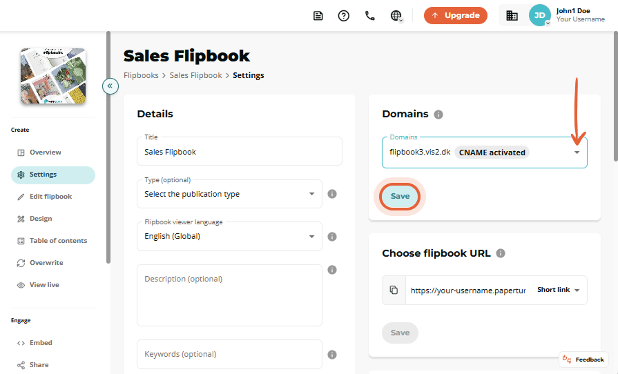 Sales Flipbook settings page with activated CNAME selected in Domains dropdown and “Save” button hig