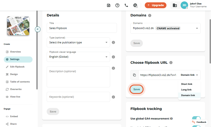 Sales Flipbook settings page showing generated domain link type selected and “Save” button highlight