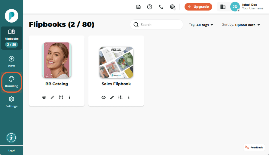 Flipbooks dashboard with two flipbook cards; the left-sidebar “Branding” button is highlighted.