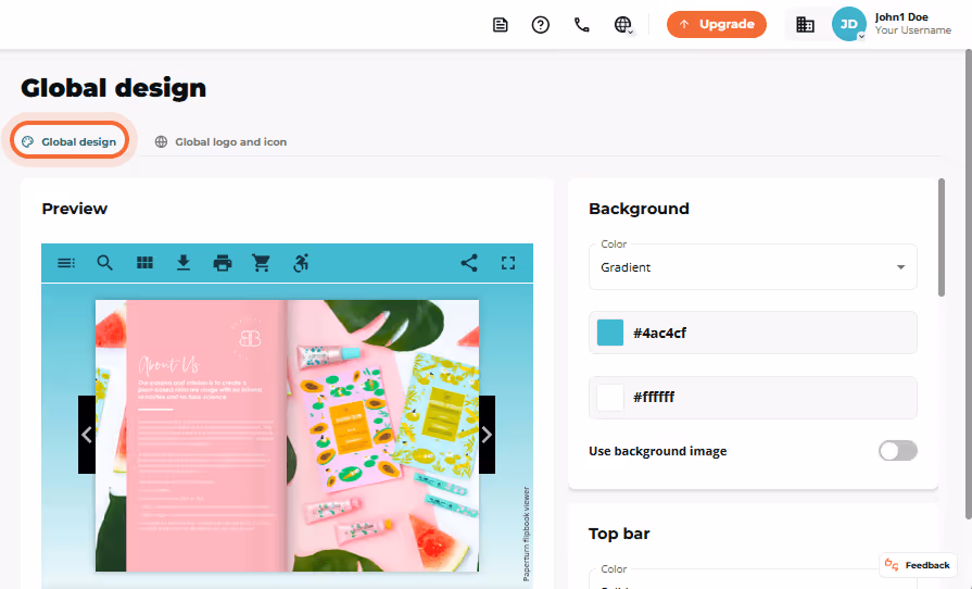 Global design page open with the “Global design” tab active and a flipbook preview plus background g Global design page open with the “Global design” tab active and a flipbook preview plus background g