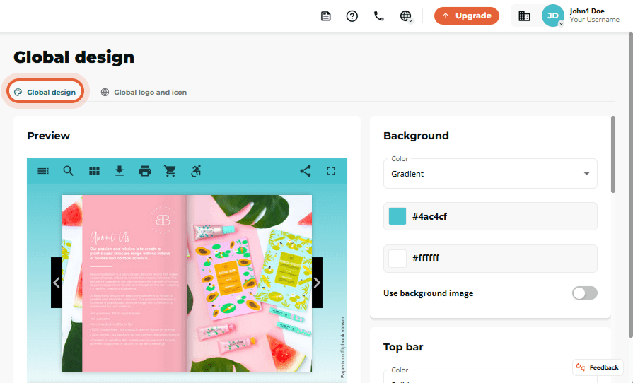 Global design page open with the “Global design” tab active and a flipbook preview plus background g