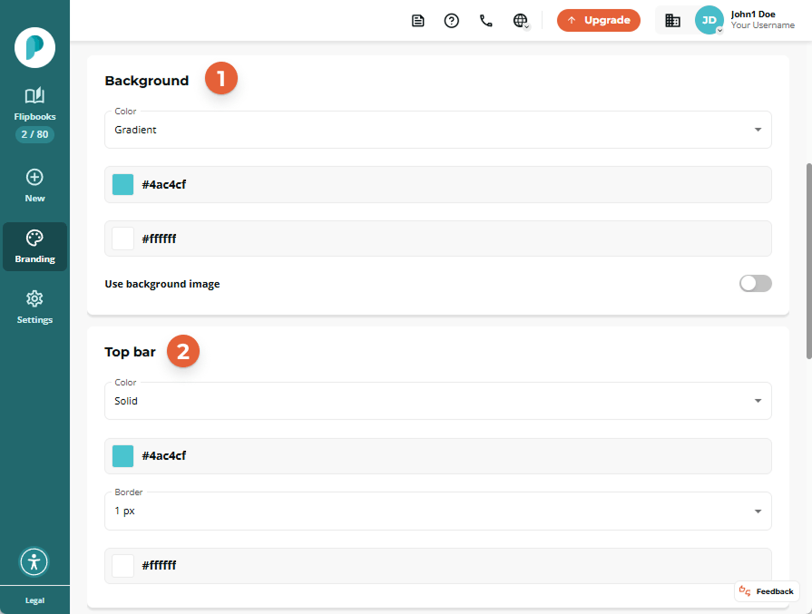 Global design settings section showing “Background” marked 1 and “Top bar” marked 2 with teal-to-whi