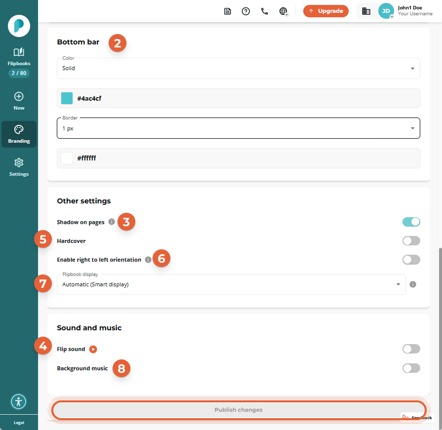 Further down the Global design page: “Bottom bar” marked 2, “Other settings” panel with toggles for 