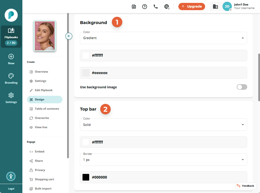 Flipbook-level Design settings showing “Background” section labeled 1 and “Top bar” labeled 2, each 