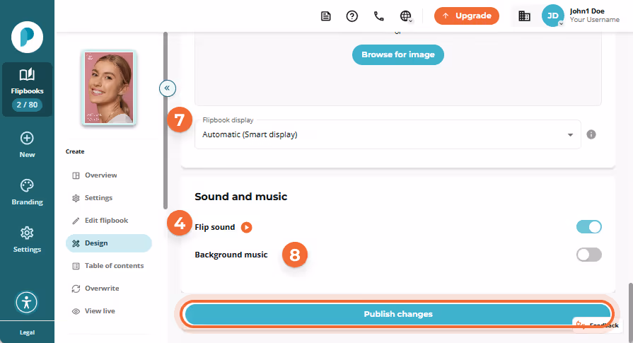Sound and music section where the flip-sound toggle is labeled 4, background-music option labeled 8, Sound and music section where the flip-sound toggle is labeled 4, background-music option labeled 8,