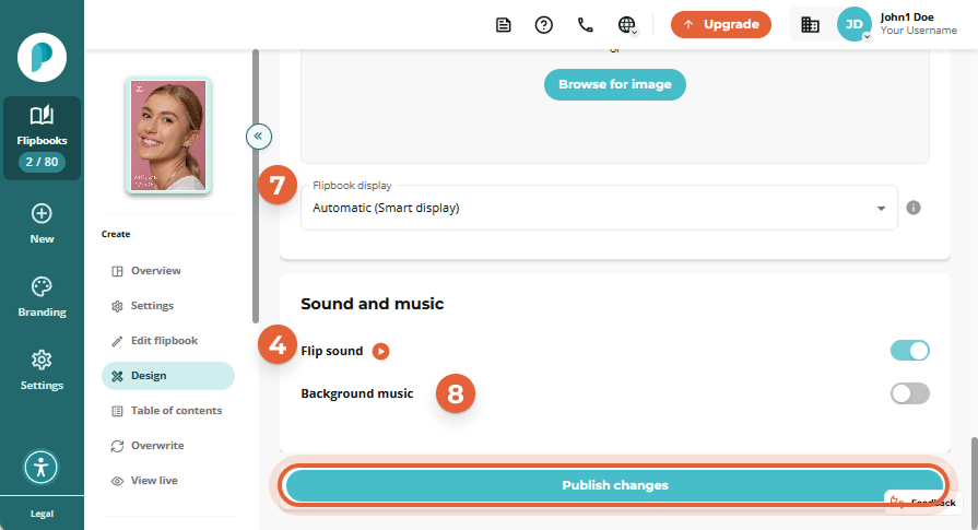 Sound and music section where the flip-sound toggle is labeled 4, background-music option labeled 8,