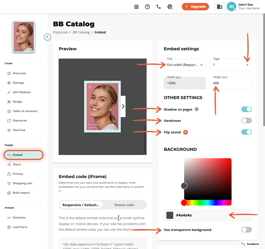 Customize the embed settings including size, shadow, hardcover, flip sound, and background color.