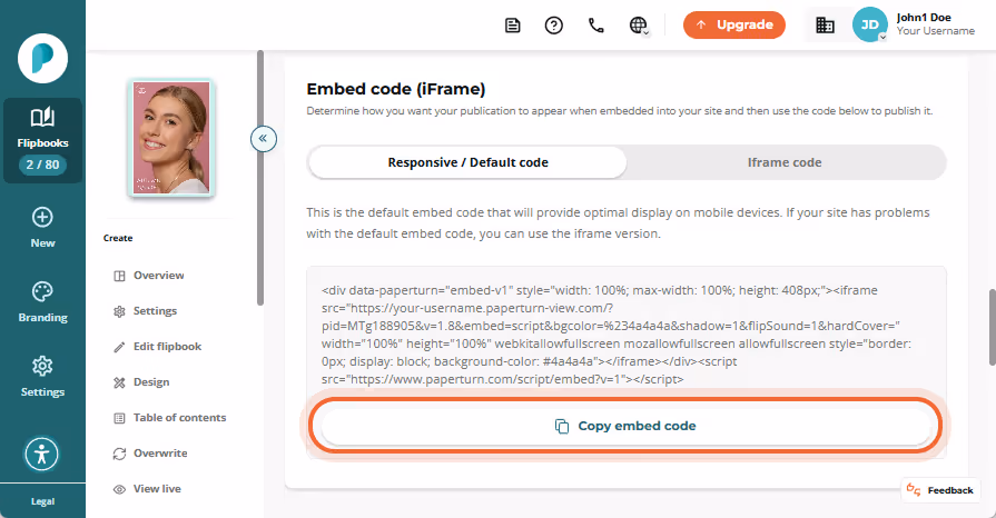How to copy the embed code from the Paperturn dashboard to your website.