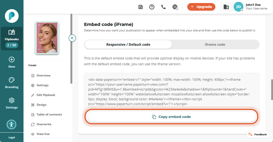 Copy the embed code for the flipbook using the 