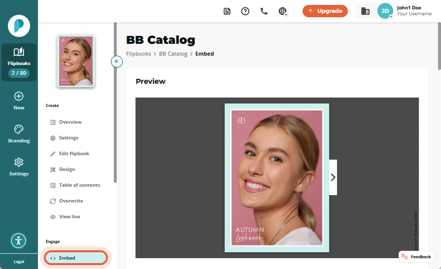 In the flipbook embed tab, preview how the flipbook will appear when embedded.