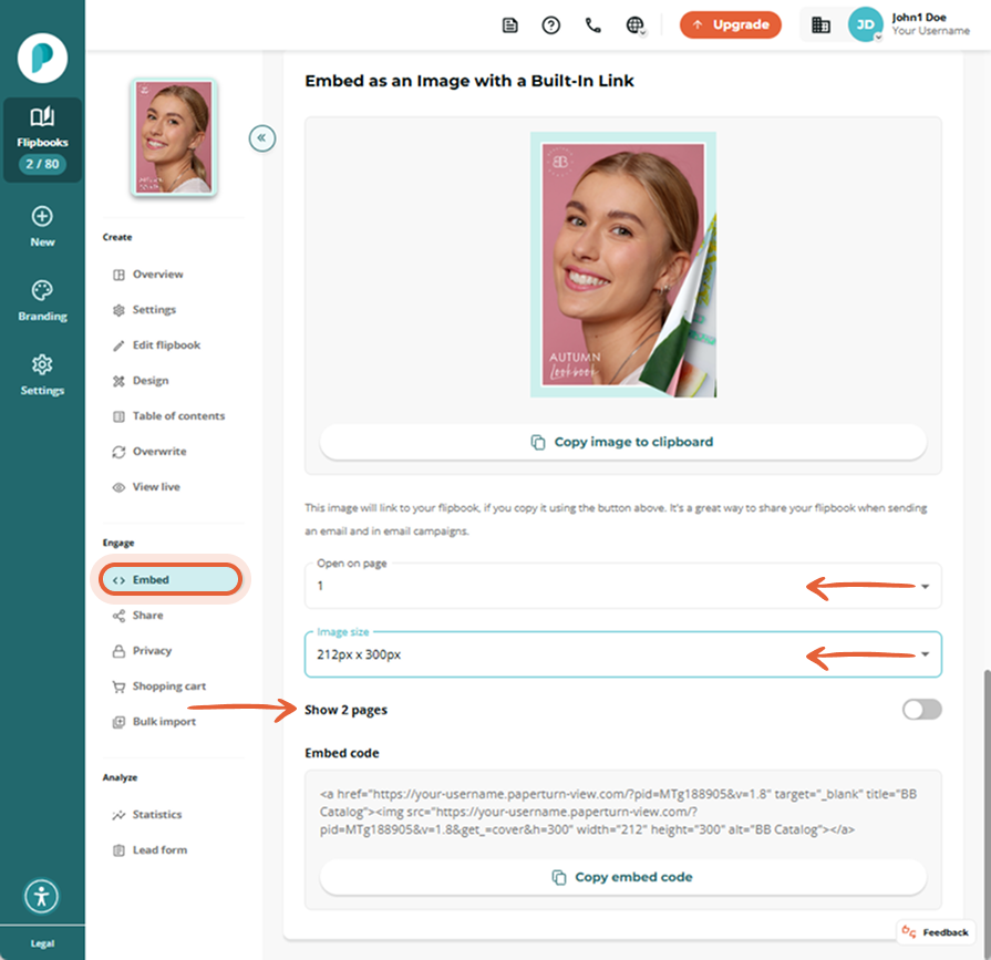 Configure page number and image size, then copy the embed code from the 
