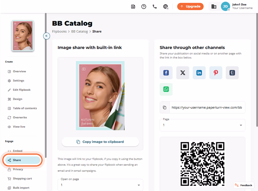 “BB Catalog” Share tab with an image-link preview and social-media share icons visible. “BB Catalog” Share tab with an image-link preview and social-media share icons visible.