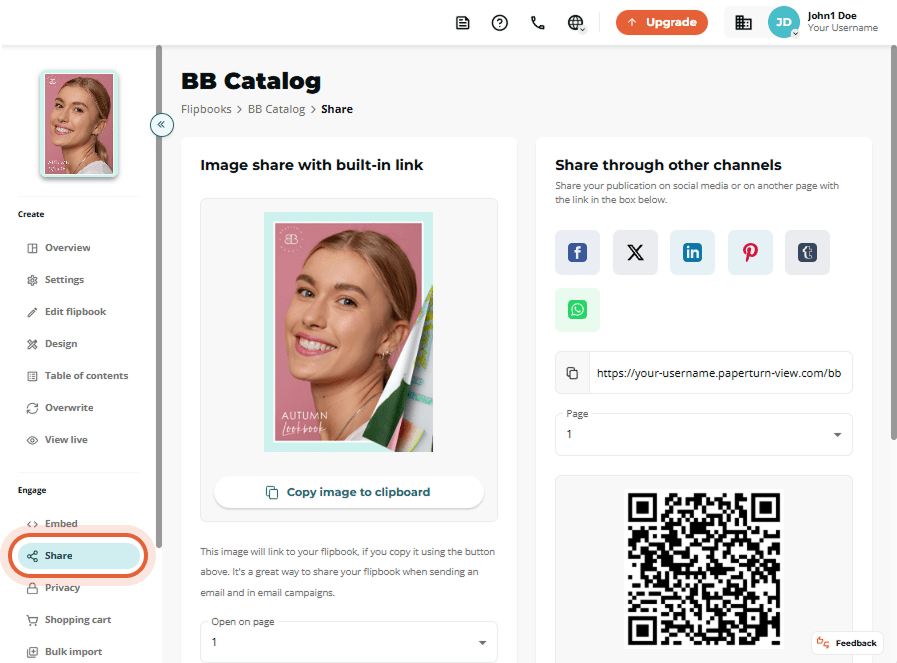 “BB Catalog” Share tab with an image-link preview and social-media share icons visible.