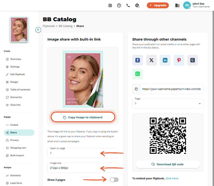 Share tab highlighting the “Copy image to clipboard” button with page and size options below.