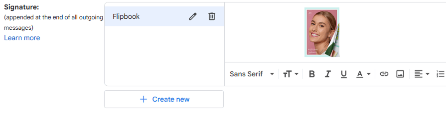Gmail signature editor showing the flipbook cover image inserted into the signature.