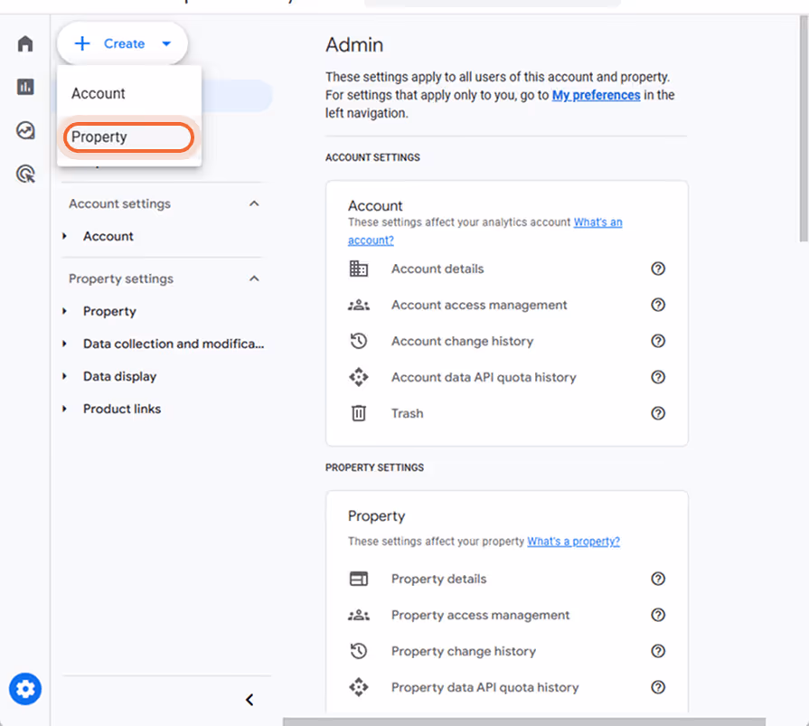 Admin section in Google Analytics with the option to create a new property selected.
