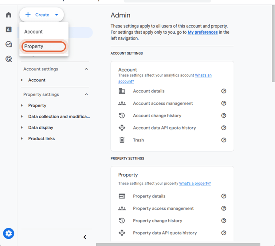 Admin section in Google Analytics with the option to create a new property selected.