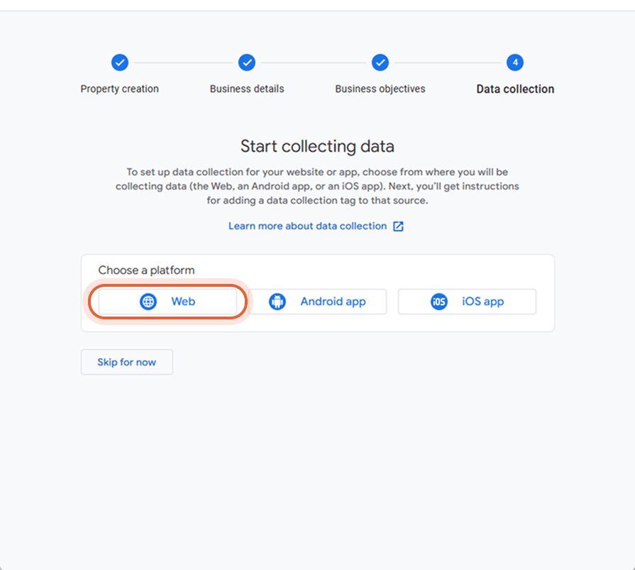 Data collection setup in Google Analytics with the Web platform option highlighted.