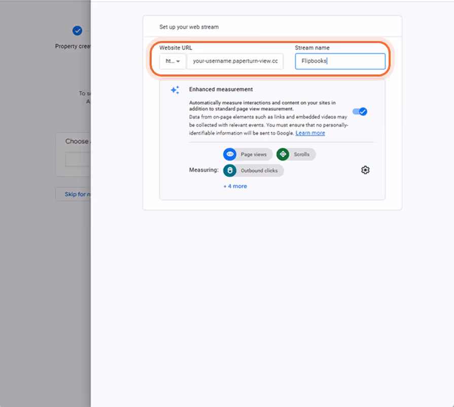 Web stream setup showing website URL and stream name fields for configuration.