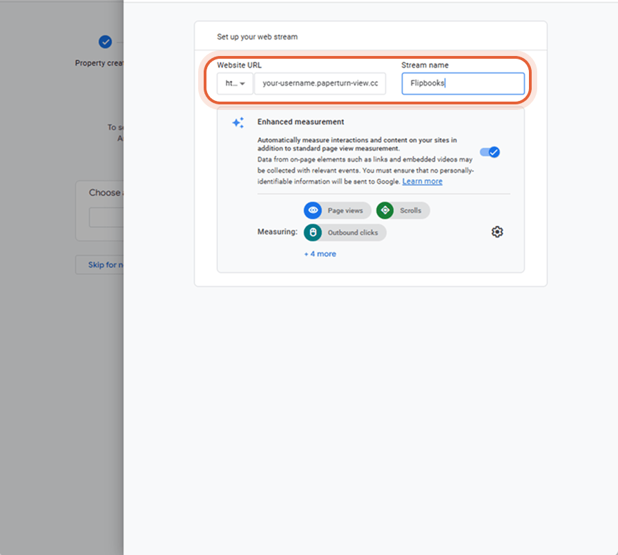 Web stream setup showing website URL and stream name fields for configuration.