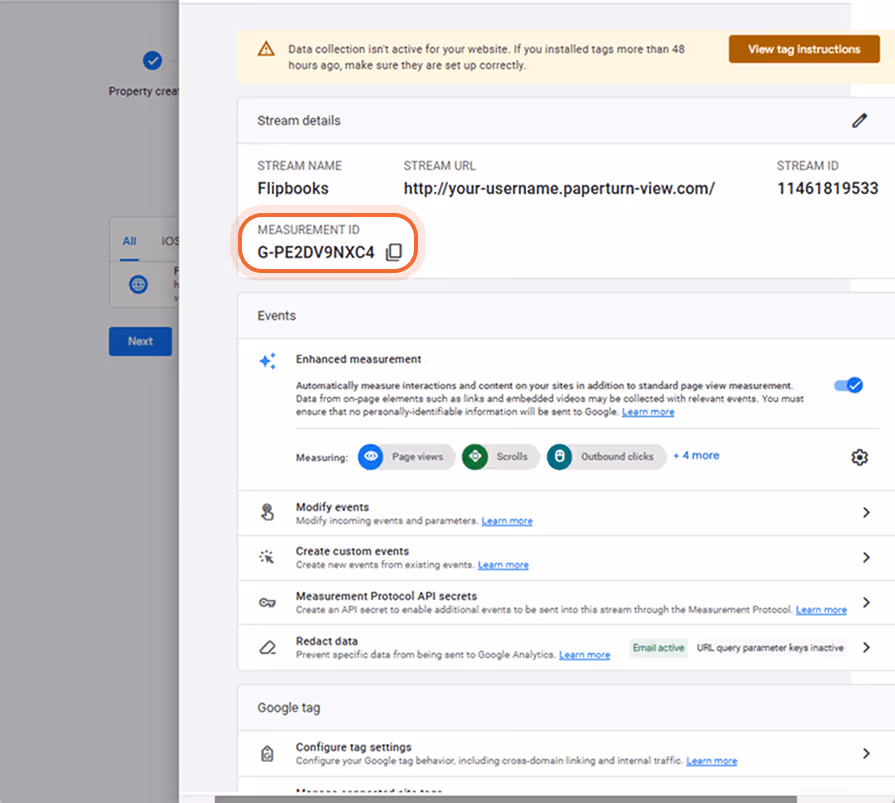 Web stream details with measurement ID and enhanced measurement settings.