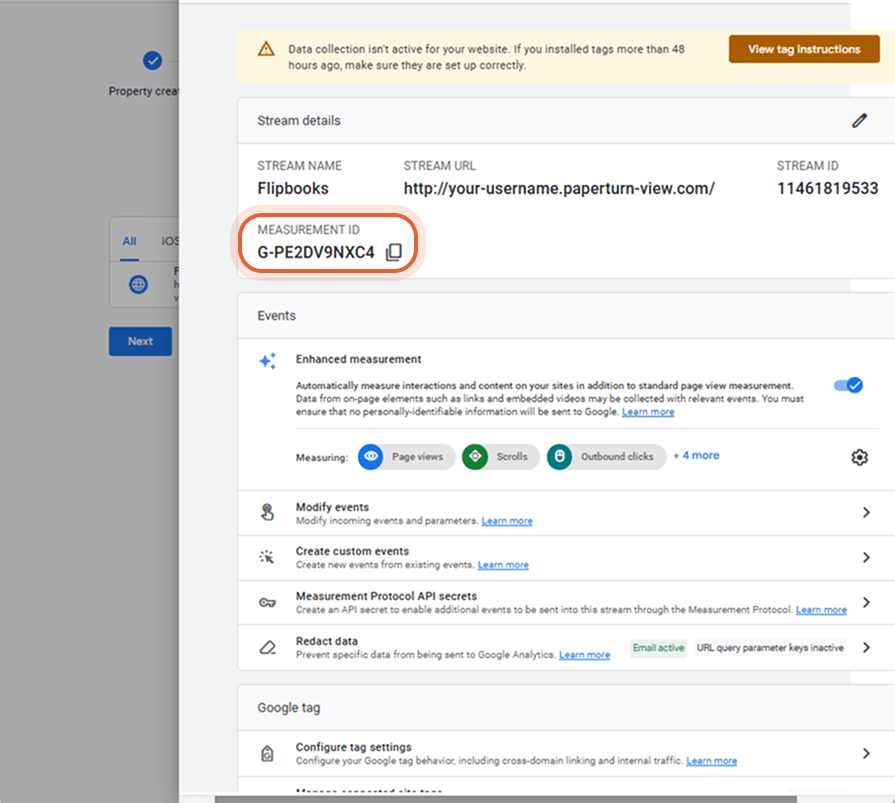 Web stream details with measurement ID and enhanced measurement settings.