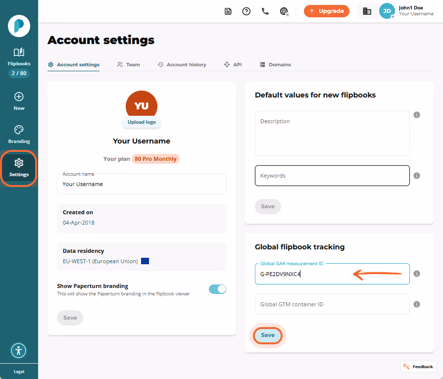 Account settings page in Paperturn showing where to input the GA4 measurement ID.