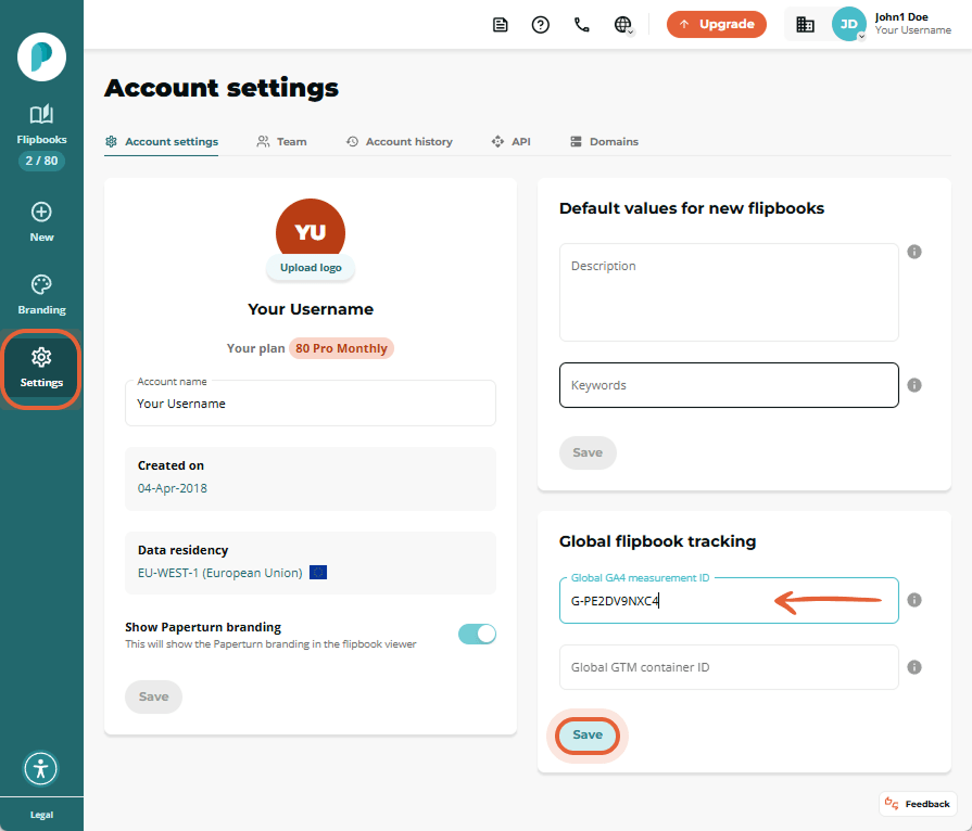 Account settings page in Paperturn showing where to input the GA4 measurement ID.