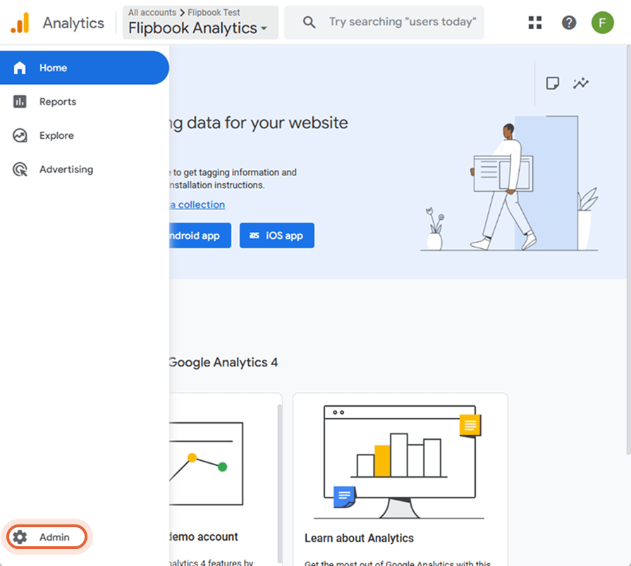 Google Analytics Admin area with Property creation and Property settings visible.
