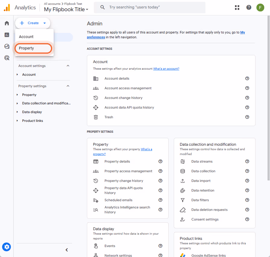 Admin section showing full property settings and data collection options in GA4.