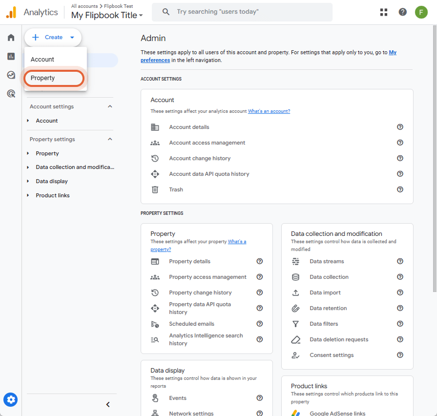 Admin section showing full property settings and data collection options in GA4.