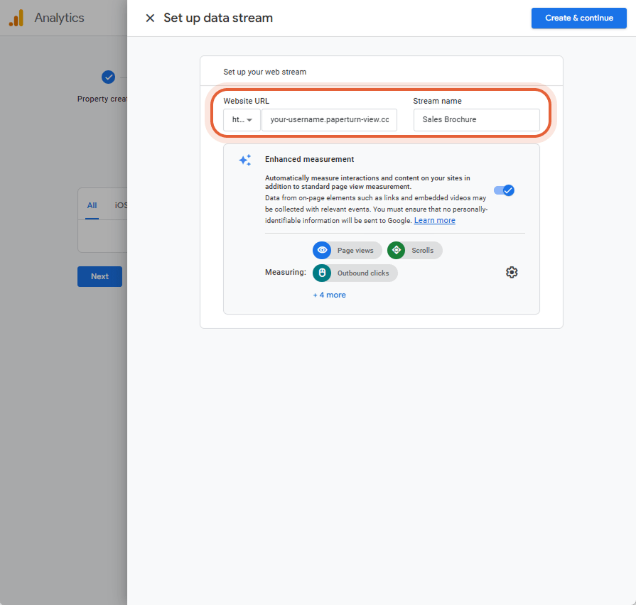 Setting up the data stream by entering the website URL and naming the stream 