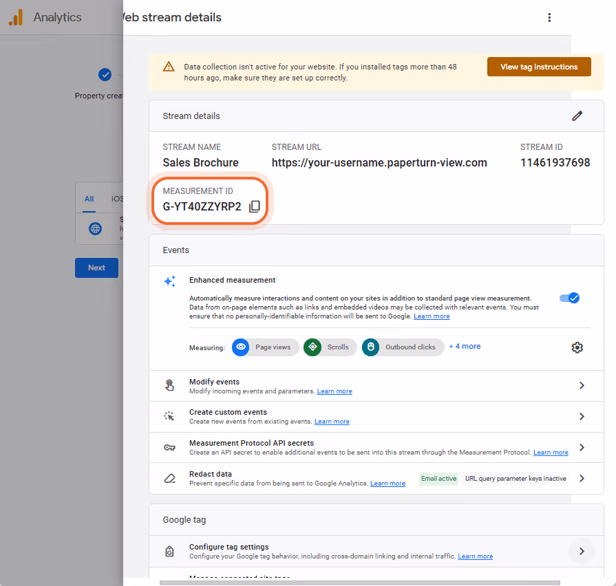 Web stream details screen in GA4 showing the Measurement ID 
